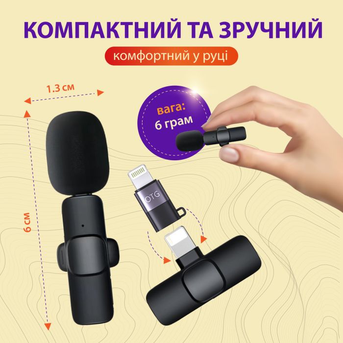 Микрофон петличный беспроводной K9 2в1 для Iphone и Android (Lightning и Type-C) 2шт.