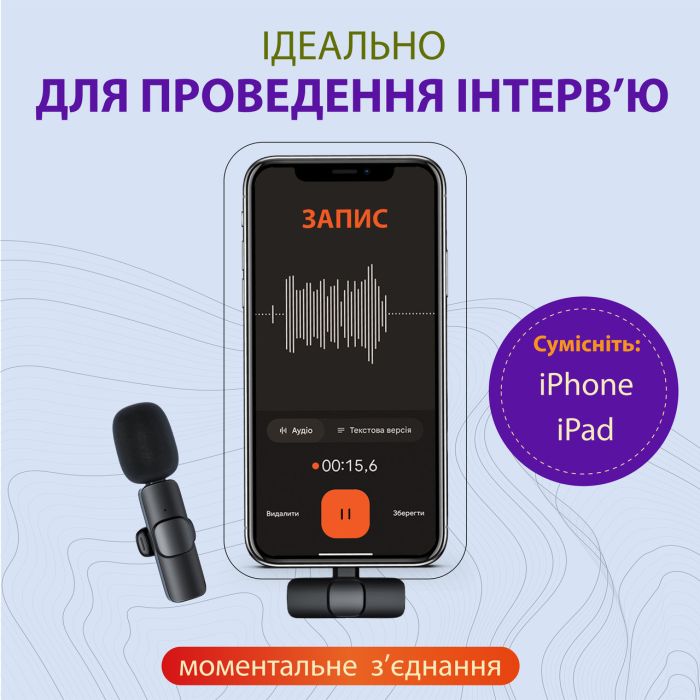 Микрофон петличный беспроводной K9 2в1 для Iphone и Android Lightning и Type-C