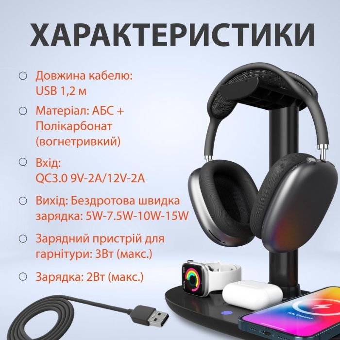 Зарядний пристрій бездротовий підставка для навушників 4в1 тримач для гарнітури IOS та Android