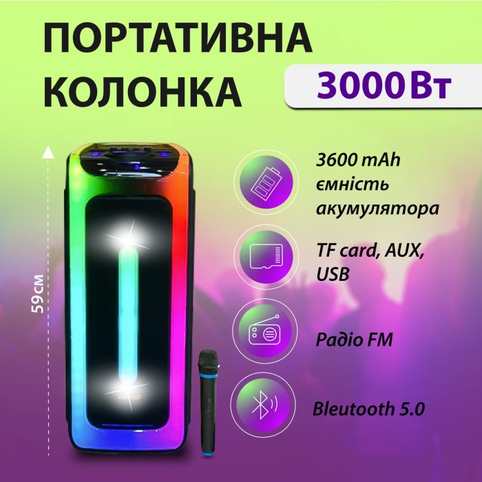 Акустика для вечірок KIMISO QS-4228 з мікрофоном та пультом ДК BT/TF/USB/AUX 3000 Вт чорний