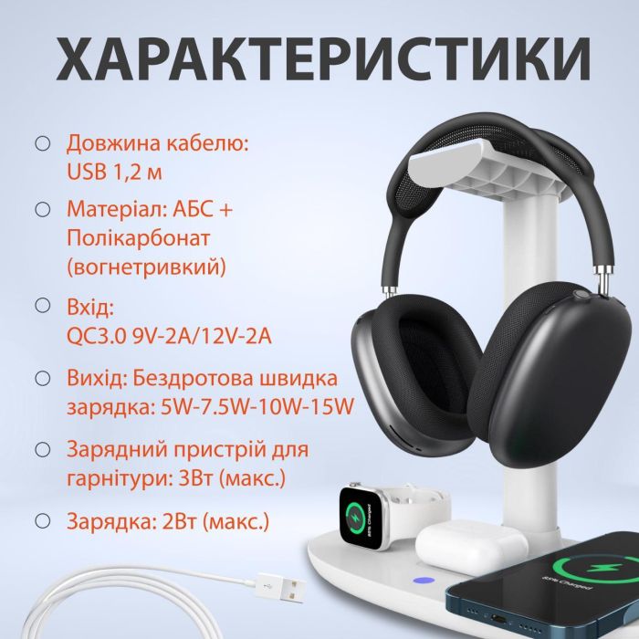 Зарядний пристрій бездротовий підставка для навушників 4в1 тримач для гарнітури IOS та Android Білий