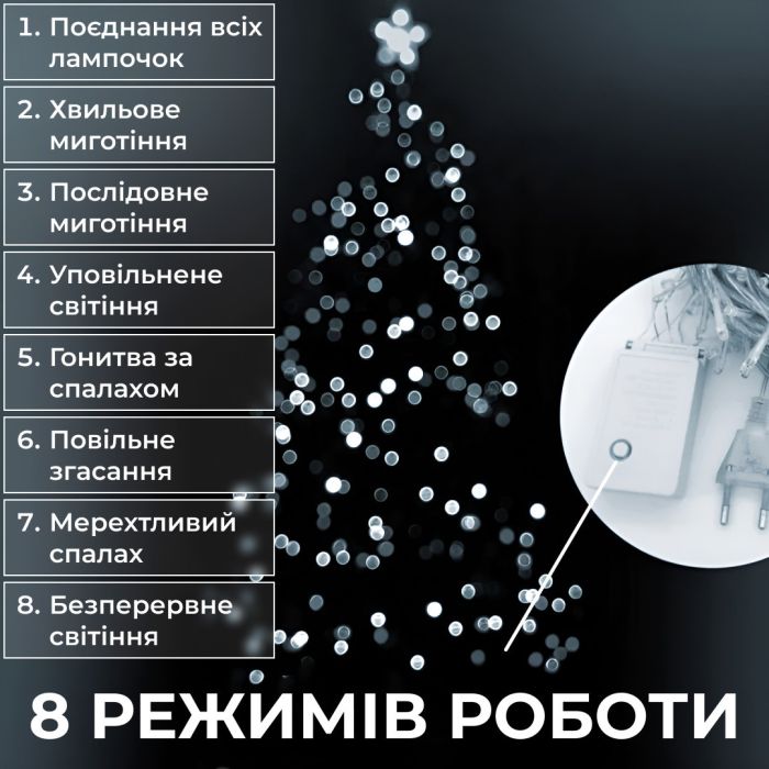 Гірлянда нитка 10м на 200 LED лампочок світлодіодна прозорий провід 8 режимів Білий