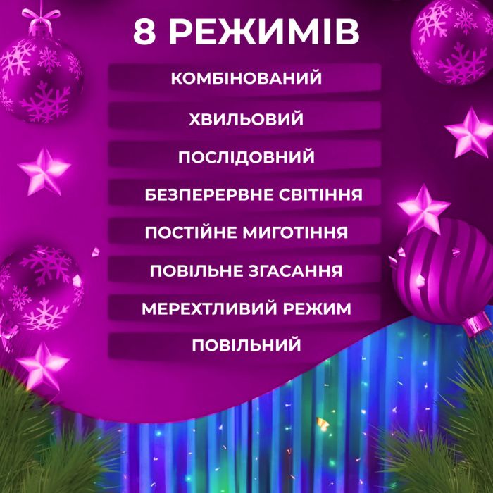 Гірлянда штора 3х2 м Роса на 200 LED лампочок світлодіодна мідний провід 10 ліній 8 режимів