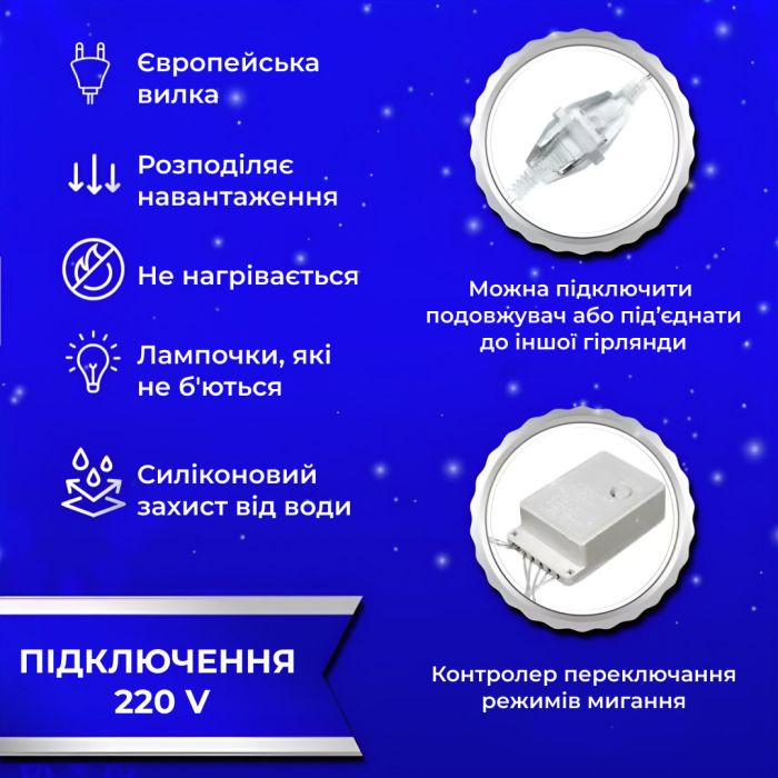 Гірлянда штора 3х2 м Роса на 200 LED лампочок світлодіодна мідний провід 10 ліній 8 режимів Синій