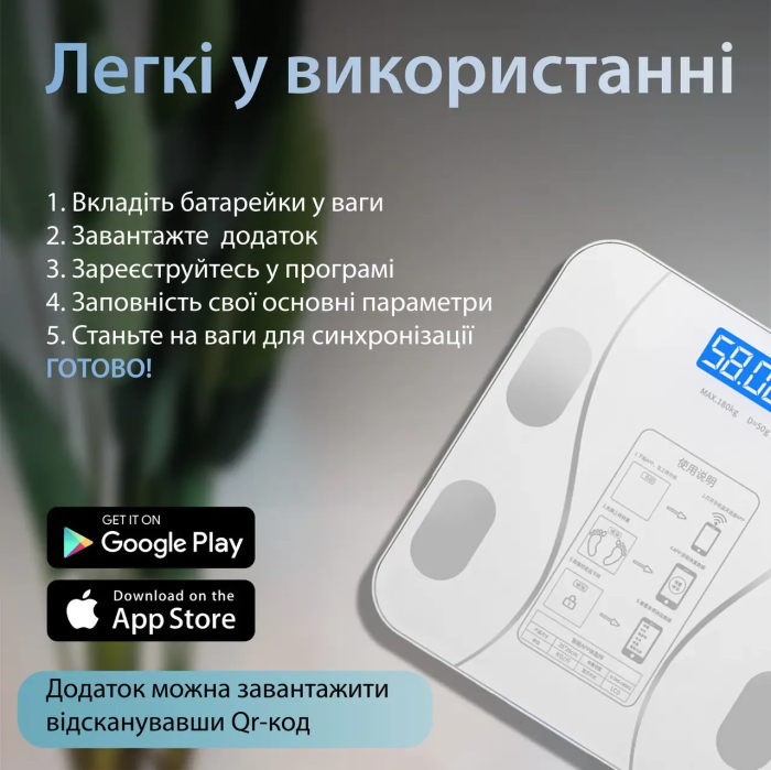 Весы напольные электронные Bluetooth до 180 кг. блютус с приложением для смартфона Scale one Белый