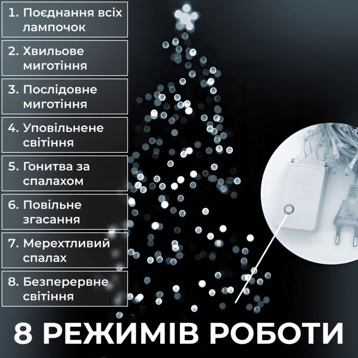 Гірлянда нитка 22м на 500 LED лампочок світлодіодна прозорий провід 8 режимів роботи Білий