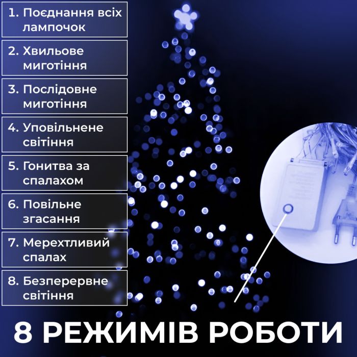 Гірлянда нитка 6м на 100 LED лампочок світлодіодна чорний провід 8 режимів роботи Синій