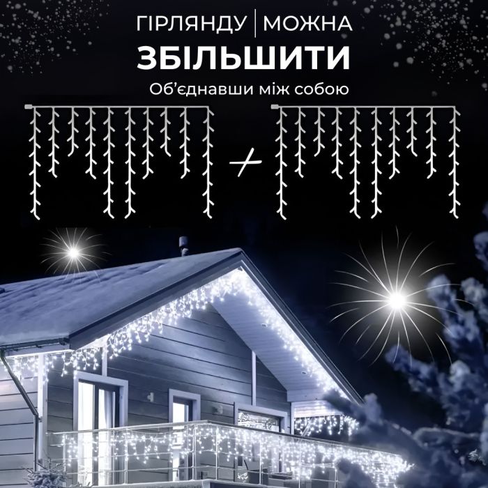 Гірлянда вулична бахрома 100 LED світлодіодна 3 метри білий провід 18 ниток Білий