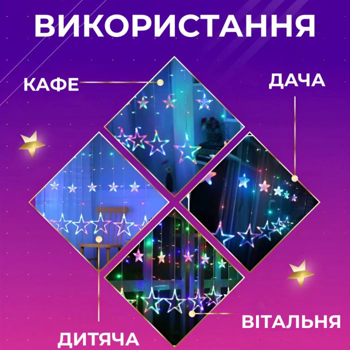 Гірлянда штора 3х0,7 м Зірки на 108 LED лампочок світлодіодна 6 великих та 6 маленьких зірок 9В 8 режимів