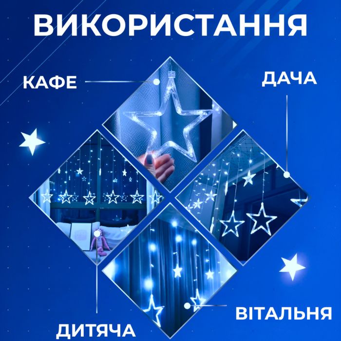 Гірлянда штора 3х0,7 м Зірки на 108 LED лампочок світлодіодна 6 великих та 6 маленьких зірок 9В 8 режимів Синій