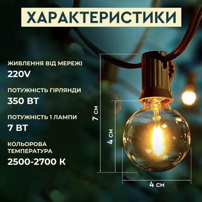 Гірлянда вулична в стилі ретро світлодіодна G20 на 10 LED ламп довжиною 5 метрів