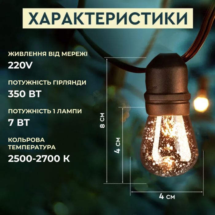 Гірлянда вулична в стилі ретро світлодіодна F27 на 10 LED ламп довжиною 5 метрів