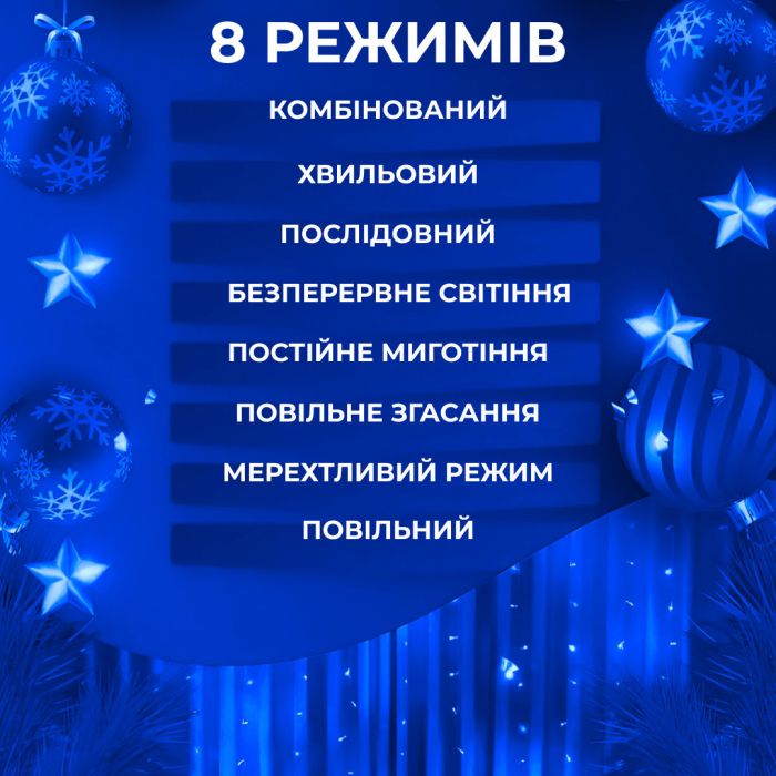 Гірлянда штора 1,5х1,5 м 160 LED світлодіодна мідний провід 8 ниток Синій