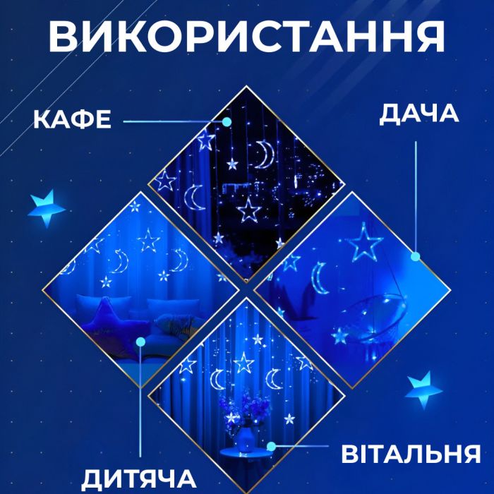 Гірлянда штора 3х0,9 м 108 LED світлодіодна зірка 9 місяць 3 мідний дріт 9V 360 градусів Синій