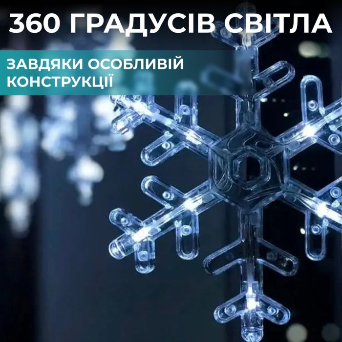 Гірлянда штора 3х0,9 м світлодіодна сніжинка і зірка LED 108L 12 шт мідний провід 9V 360 градусів Білий