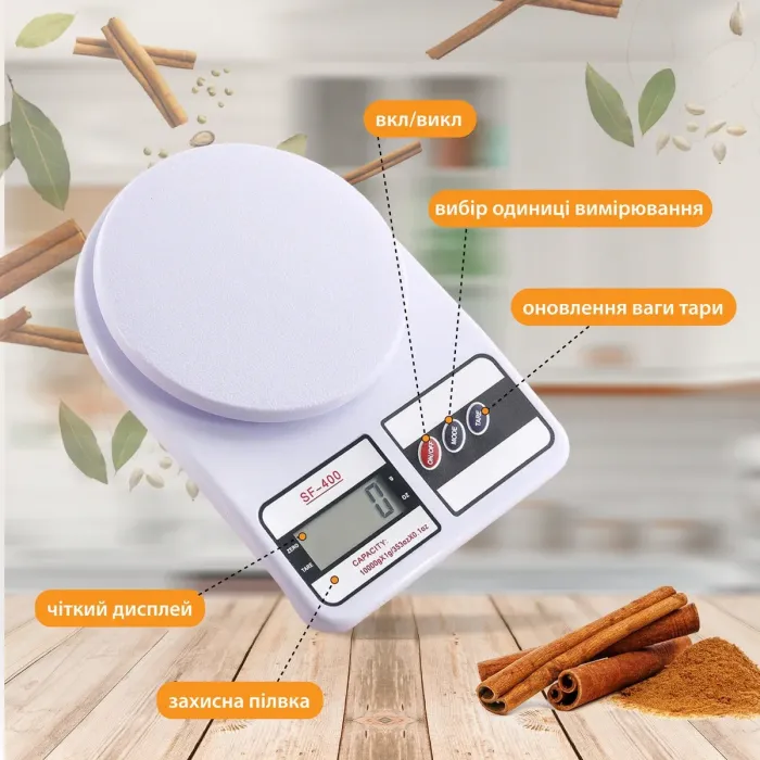 Ваги кухонні на 10 кг з плоскою платформою на батарейках, кулінарні ваги для зважування продуктів SF-400 (SF400W) - зображення 3