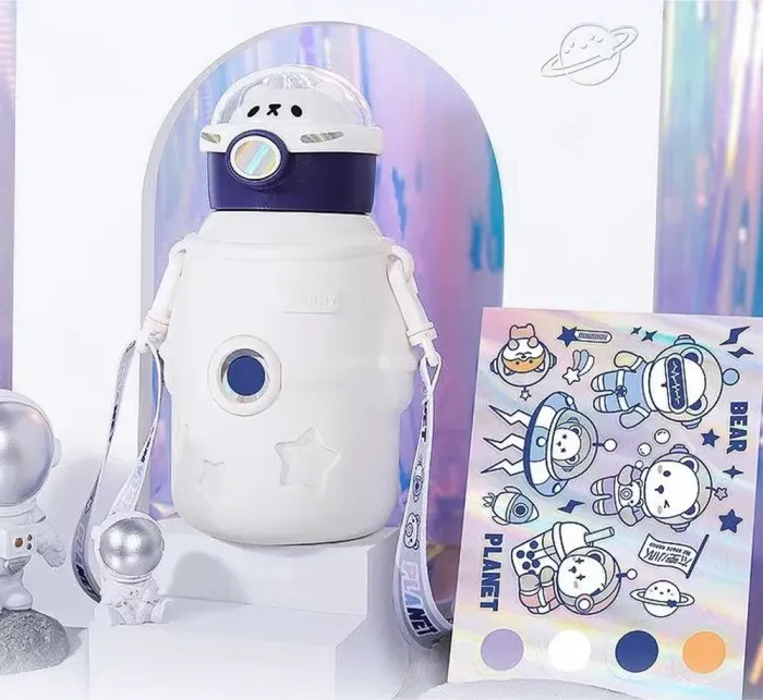 Термос детский с трубочкой и ремешком 500 мл из нержавеющей стали Белый (HPGM2101W) - изображение 2