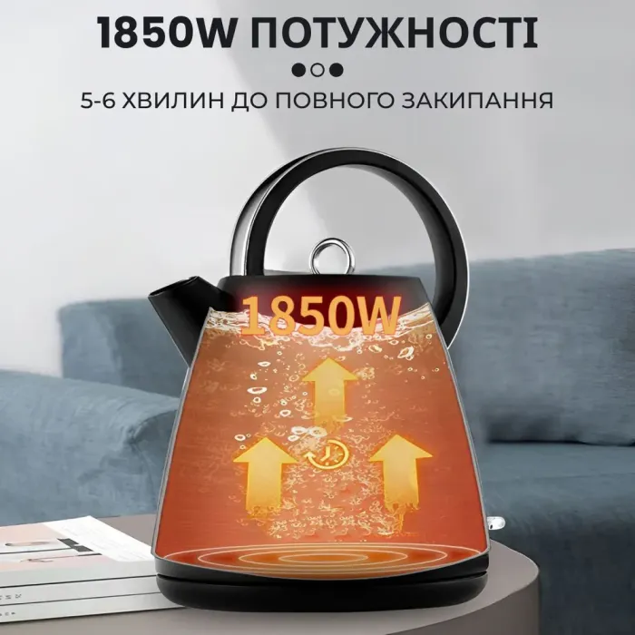 Електрочайник безшумний з нержавійки на 1,7 л 1850 Вт Sokany SK-1033 чорний (SK1033B) - зображення 6
