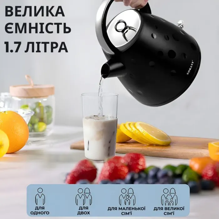 Електрочайник безшумний з нержавійки на 1,7 л 1850 Вт Sokany SK-1033 чорний (SK1033B) - зображення 3