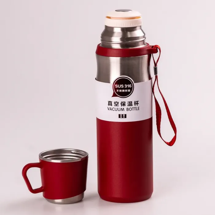 Термос із чашкою та ремінцем 600мл із нержавіючої сталі тепло до 12 годин Червоний (HPGM80155R) - зображення 2