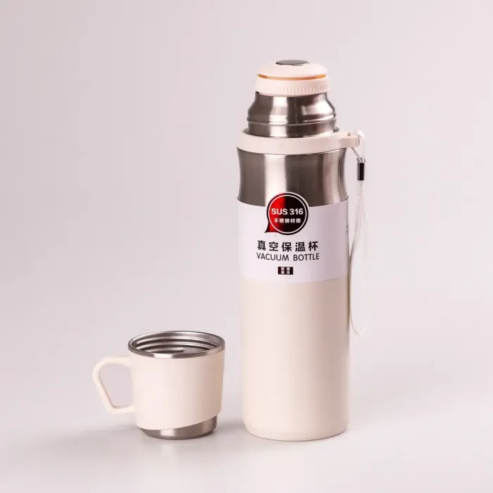 Термос с чашкой и ремешком 600мл из нержавеющей стали тепло до 12 часов Белый (HPGM80155W) - изображение 2