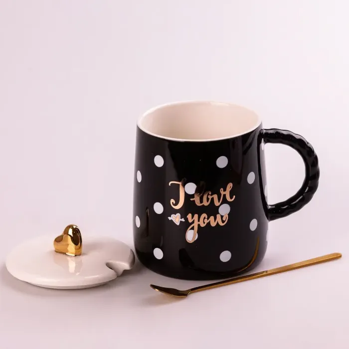 Чашка керамічна 400 мл Love з кришкою та ложкою Чорний (HPCY8263B) - зображення 2
