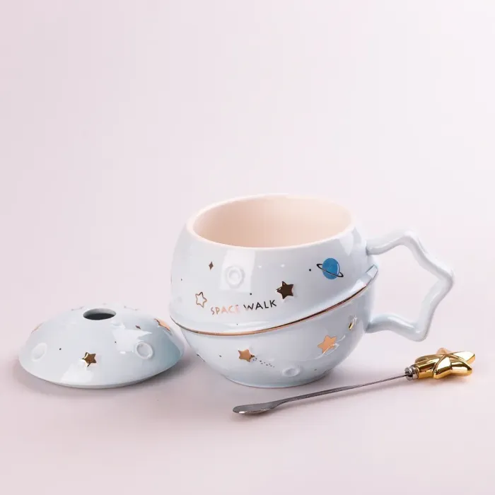 Чашка керамическая 500 мл Space Walk с крышкой и ложкой с крышкой Голубой (HP8226BL) - изображение 2