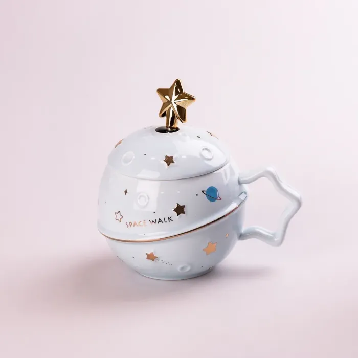 Чашка керамическая 500 мл Space Walk с крышкой и ложкой с крышкой Голубой (HP8226BL) - изображение 1