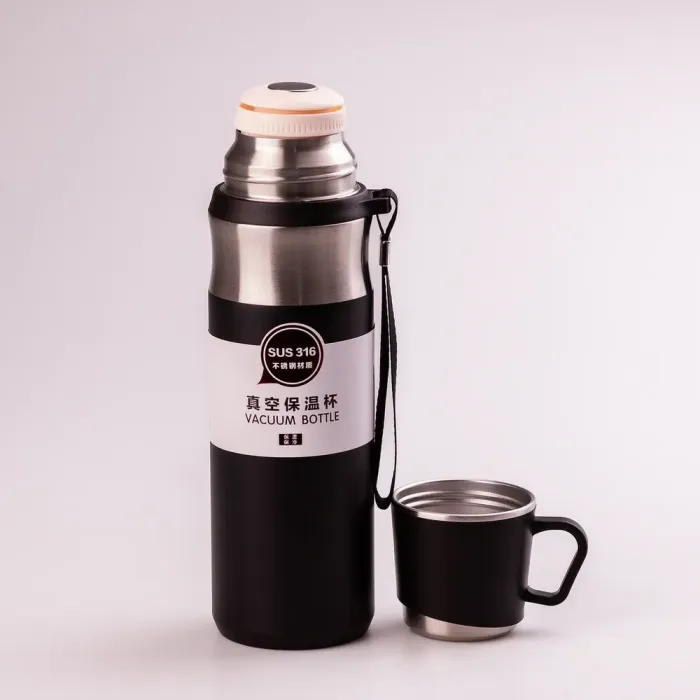 Термос с чашкой и ремешком 600 мл из нержавеющей стали тепло до 12 часов (HPGM80155B) - изображение 2