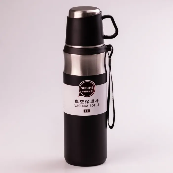 Термос с чашкой и ремешком 600 мл из нержавеющей стали тепло до 12 часов (HPGM80155B) - изображение 1