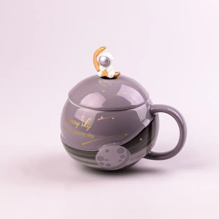 Чашка керамическая 400 мл Космонавт с крышкой и ложкой 400 мл Серый (HP877G) - изображение 1
