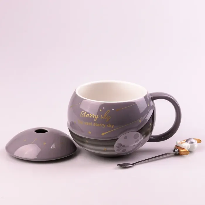 Чашка керамическая 400 мл Космонавт с крышкой и ложкой 400 мл Серый (HP877G) - изображение 2