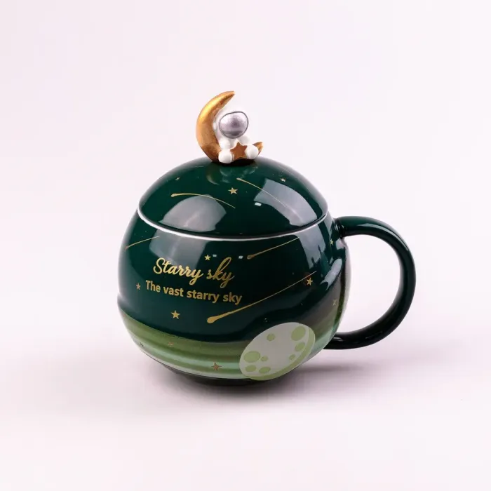 Чашка керамическая 400 мл Космонавт с крышкой и ложкой 400 мл Зеленый (HP877GR) - изображение 1