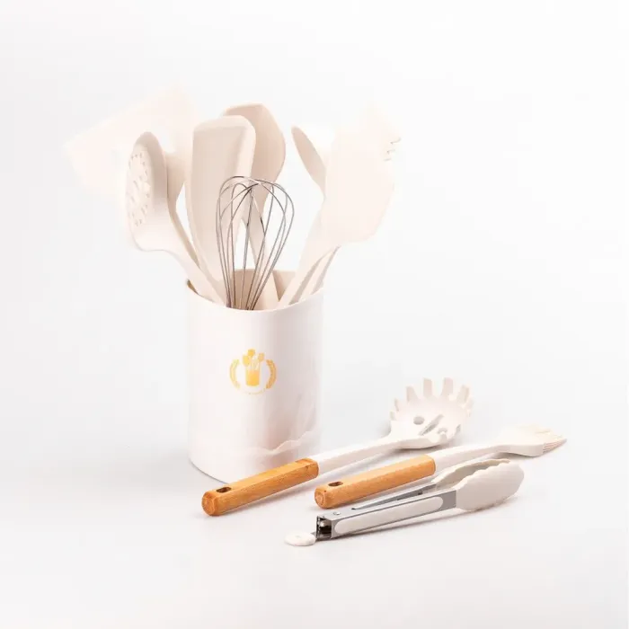 Набір кухонного приладдя на підставці 12 штук кухонні аксесуари силіконові з дерев'яною ручкою (YRUR9) - зображення 3