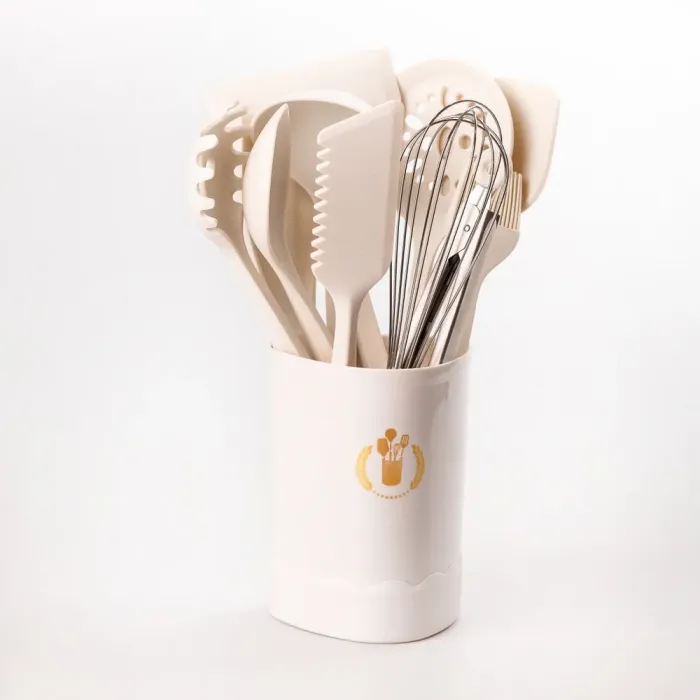 Набір кухонного приладдя на підставці 12 штук кухонні аксесуари силіконові з дерев'яною ручкою (YRUR9) - зображення 2