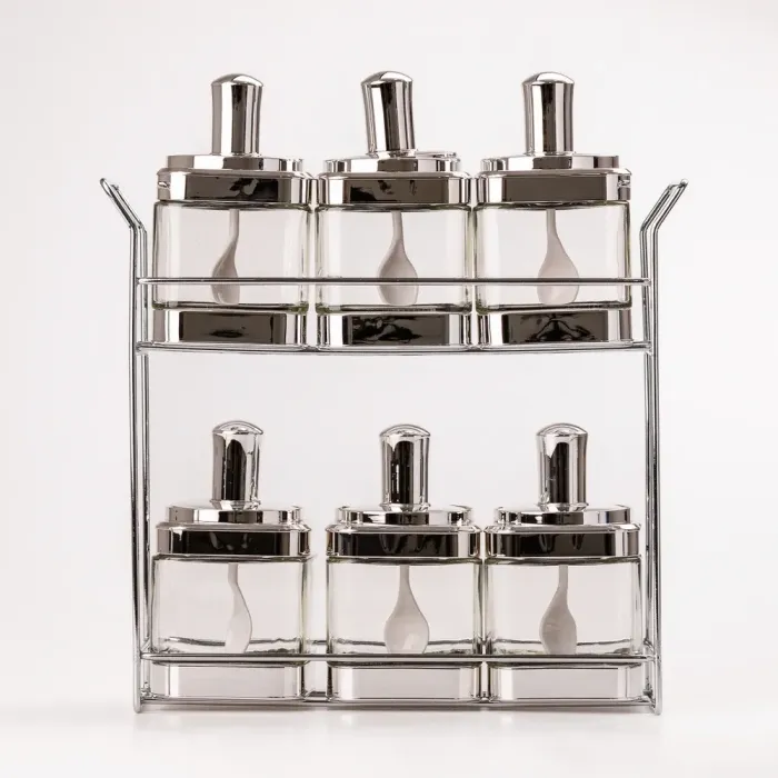 Банки для сыпучих продуктов набор из 6 шт. стеклянные емкости для хранения с ложкой на металлической подставке (HP531FS1032Y) - изображение 1