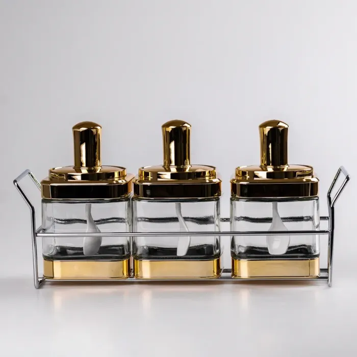 Банки для сыпучих продуктов набор из 3 шт. стеклянные емкости с ложкой на металлической подставке. (HP531FS1030J) - изображение 1