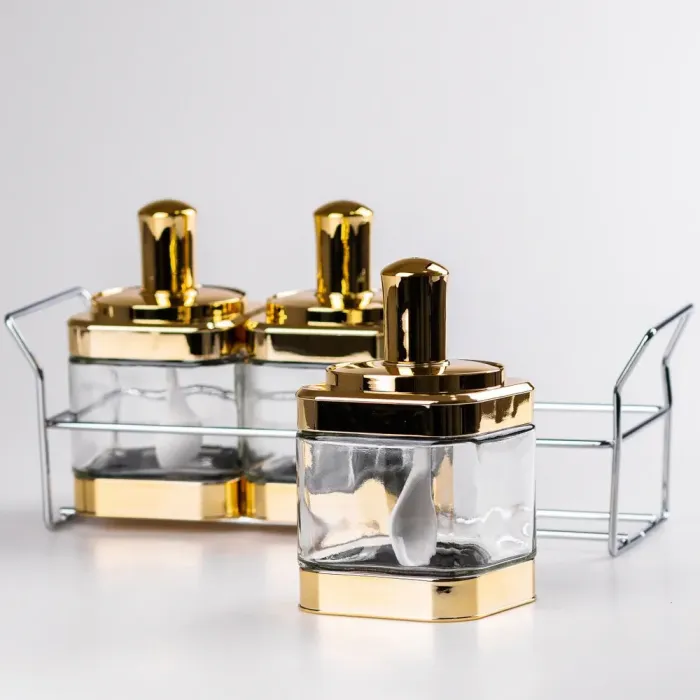 Банки для сыпучих продуктов набор из 3 шт. стеклянные емкости с ложкой на металлической подставке. (HP531FS1030J) - изображение 2