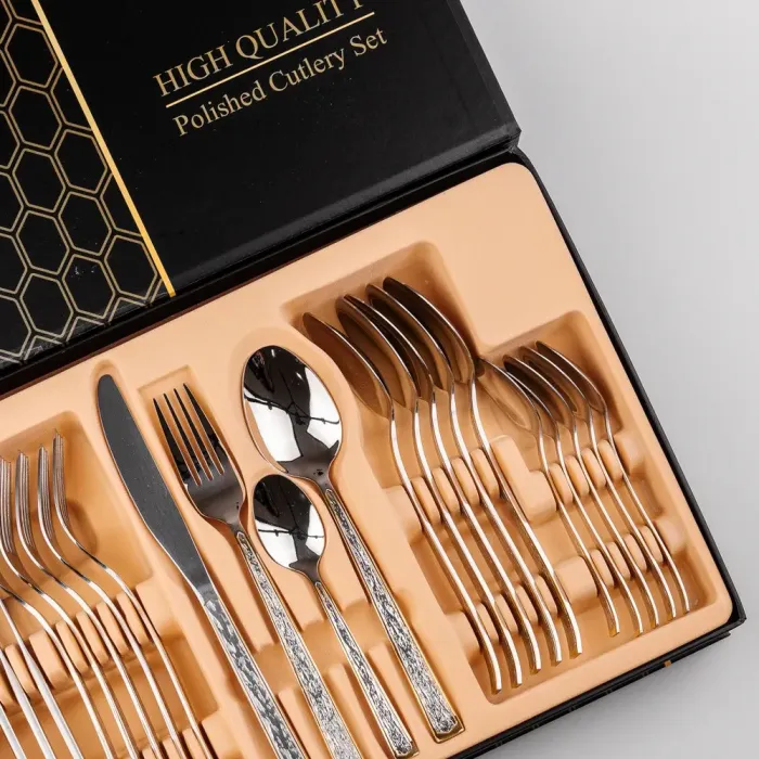 Набор столовых приборов из нержавеющей стали с золотым ободком на 6 персон 24 штуки (HP9692) - изображение 4
