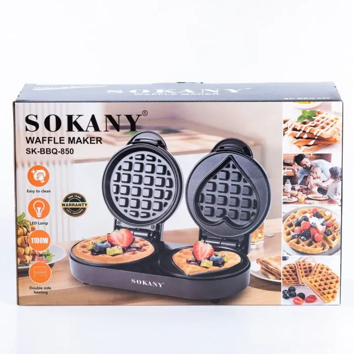 Вафельниця електрична подвійна для тонких вафель 850 Вт двосторонній нагрів антипригарне покриття Sokany (SKBBQ850) - зображення 4