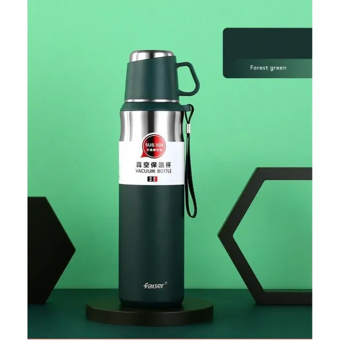 Термос с чашкой и ремешком 600мл из нержавеющей стали тепло до 12 часов Зеленый (HPGM80155GR) - изображение 1