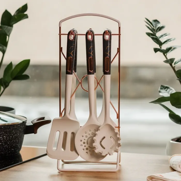 Набір кухонного приладдя на підставці 6 штук кухонні аксесуари Білий із чорною ручкою (YRUR4) - зображення 1