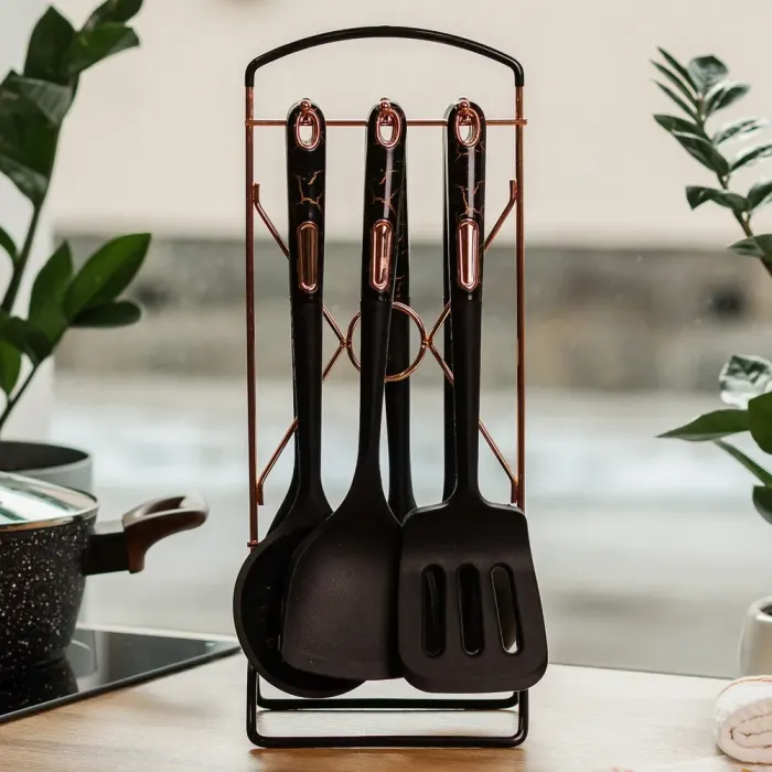 Набір кухонного приладдя на підставці 6 штук кухонні аксесуари Чорний під мармур (YRUR5) - зображення 1