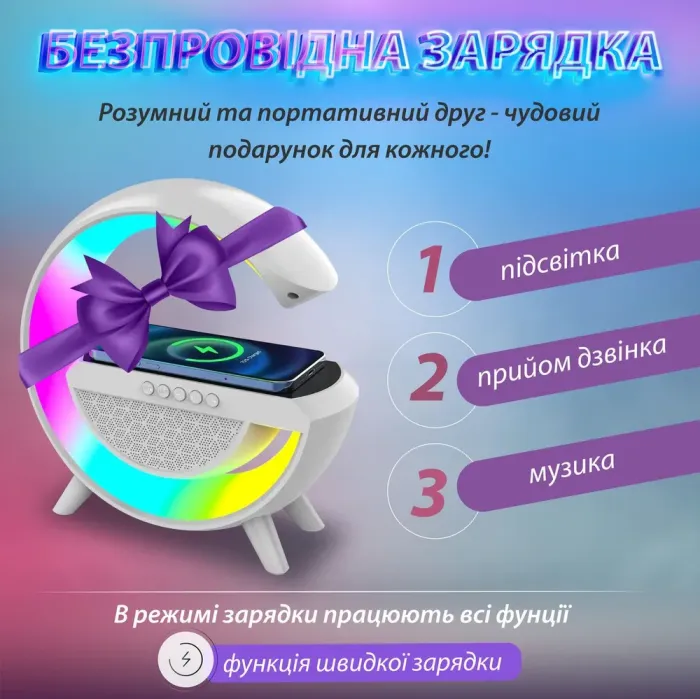 Портативна колонка з RGB-підсвіткою бездротова 20 Вт 3 в 1 зарядка та годинник в стилі Big G (BT2301W) - зображення 5