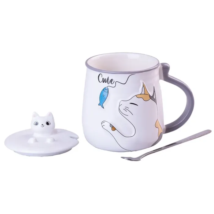 Чашка керамическая 400 мл Cute с крышкой и ложкой (HP406G) - изображение 1