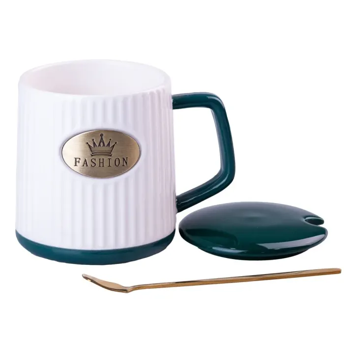 Чашка керамическая 400 мл Fashion с крышкой и ложкой (HP403GR) - изображение 1