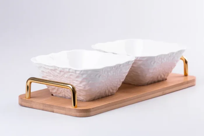 Страви сервірувальні порцелянові на дерев'яній підставці 2 шт. по 500 мл 14.5×32см (HP479) - зображення 3