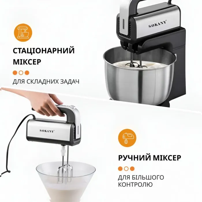 Миксер стационарный с чашей из нержавеющей стали 5 режимов скорости и 2 насадки Sokany CX-6652 (CX6652B) - изображение 4