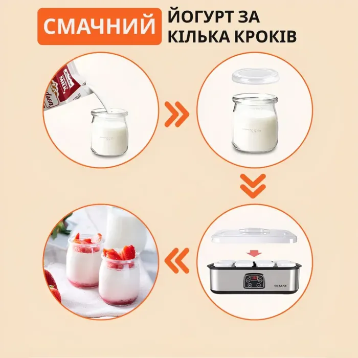 Йогуртниця електрична 65 Вт з баночками 180 мл та таймером Sokany SK-2303 (SK2303SS) - зображення 6