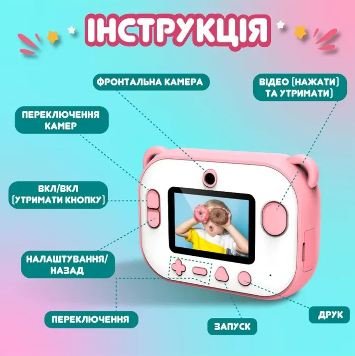 Фотоапарат дитячий акумуляторний для фото та відео FullHD з Wi-Fi, камера з вбудованим принтером Рожевий (UR190P) - зображення 4